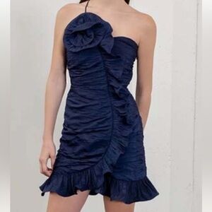 Moon River Rosette Ruffle Trim One Shoulder Mini Dress - Navy